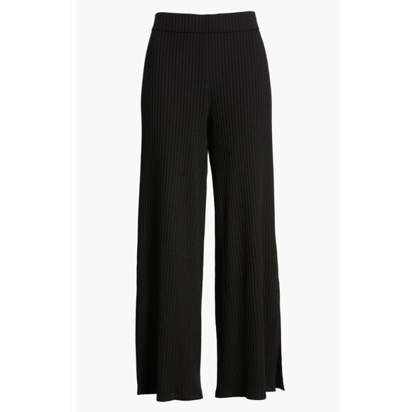 New Eileen Fisher Ribbed Side Slit Wide Leg Pants in Black Size Medium (10-12) - Picture 1 of 6